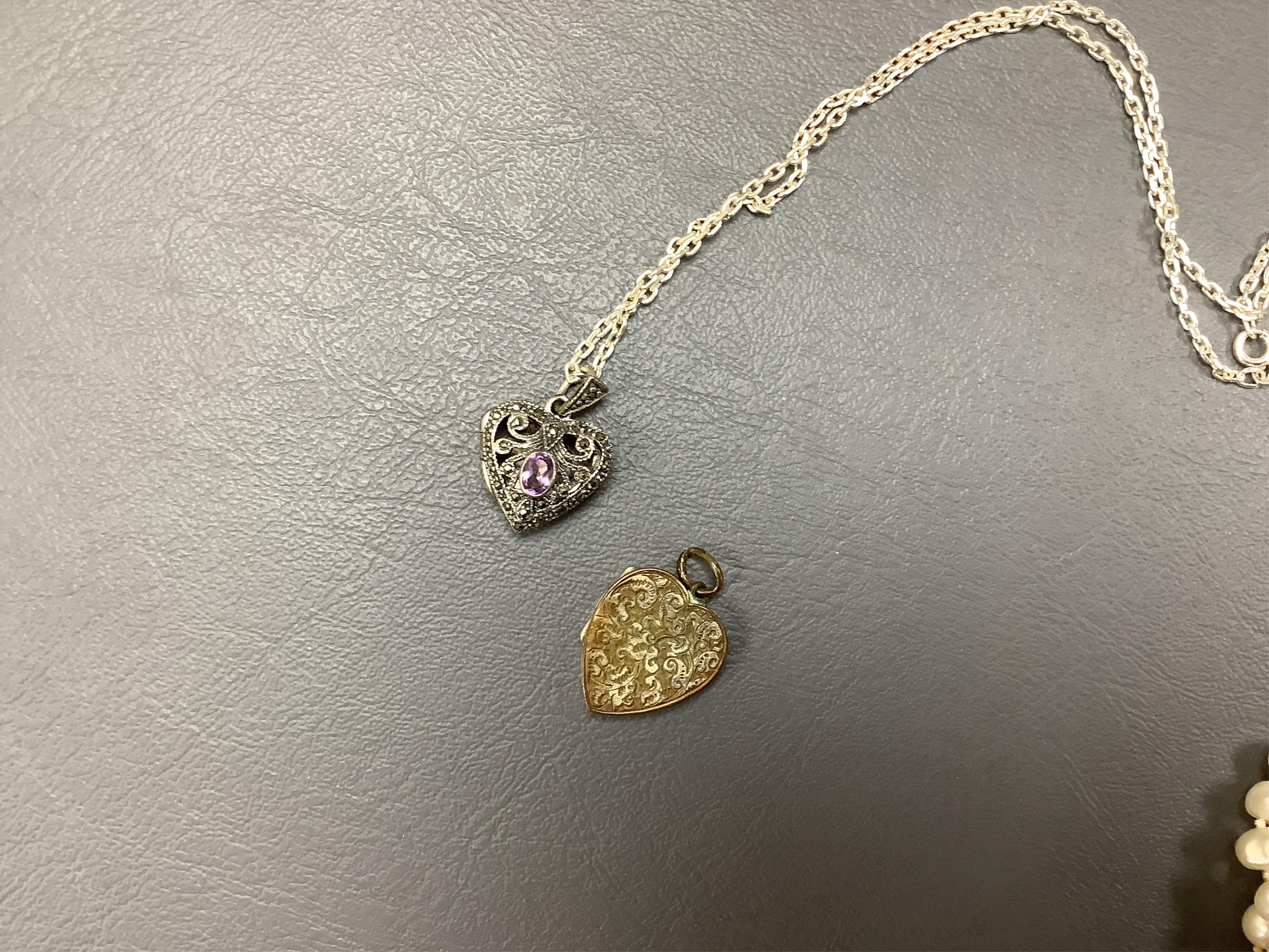 A collection of jewellery, comprising: a pair of sapphire and diamond drop earrings; an Arts & Crafts mother of pearl silver and enamel pendant, length 5.4cm, maker's mark JF, British hallmarks; a turquoise pendant; a 9c